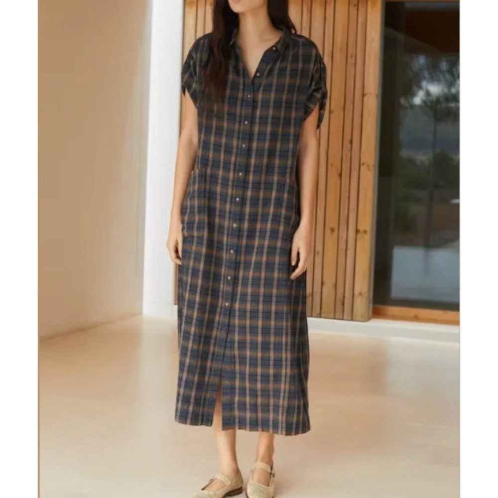 .Poetry Cotton & Linen Button Front Checked Dress in Navy / Brown